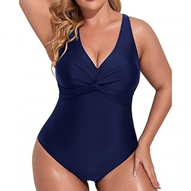Aqua Eve Women Plus Size One Piece Swimsuits V Neck Tummy Control Bathing Suits Front Cross Swimwear