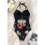 CUPSHE Women's Black Floral Print Halter Cutout High Waist One Piece Swimsuit