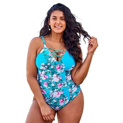CUPSHE Women's Blue Floral Strappy Criss Cross Plus Size One Piece Swimsuit