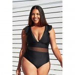 CUPSHE Women's One Piece Plus Size Black V Neck Ruffle Mesh Bathing Suit