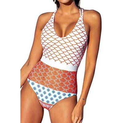 CUPSHE Women's One Piece Swimsuit Scoop Neck Double Straps Geo-Print Swimwear Bathing Suits