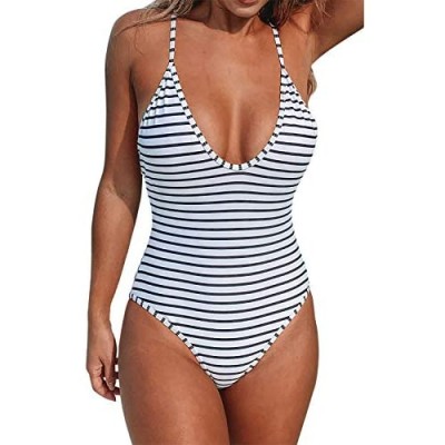 CUPSHE Women's One Piece Swimsuit Striped Scoop Neck Cross Back Beach Swimwear Bathing Suits
