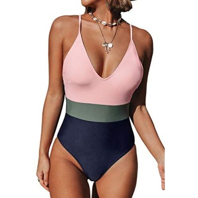 CUPSHE Women's One Piece Swimsuit V Neck Cross Back Color Block Beach Swimwear Bathing Suits
