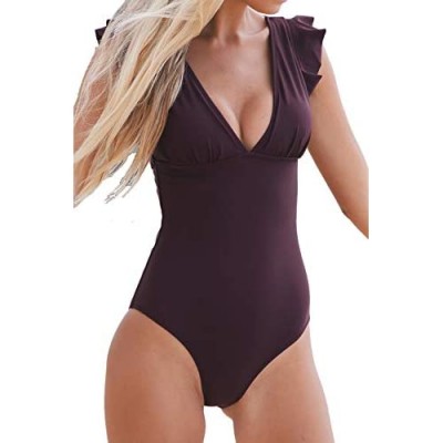 CUPSHE Women's One Piece Swimsuit V Neck Ruched Ruffle Shoulder Swimwear Bathing Suits