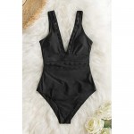 CUPSHE Women's Solid Black V Neck Mesh One Piece Swimsuit L