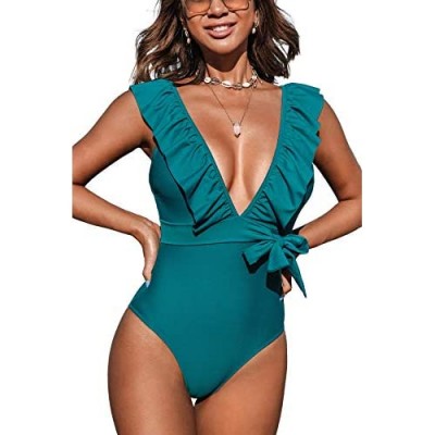 CUPSHE Women's Teal Plunging Ruffled Tie at The Waist One Piece Swimsuit
