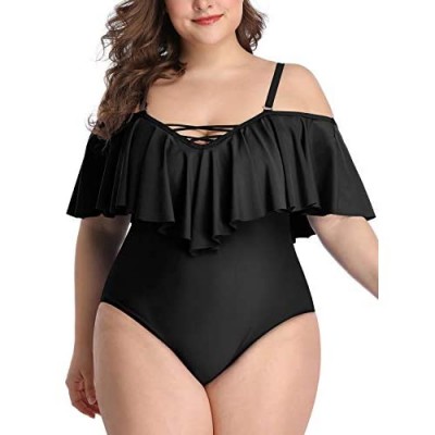Daci Plus Size Off Shoulder One Piece Swimsuits for Women Flounce Ruffle Tummy Control Bathing Suits Swimwear