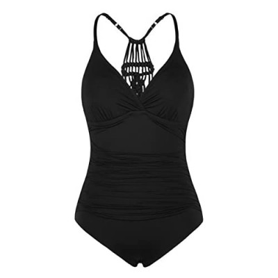Firpearl Women's One Piece Swimsuits V Neck Hand-Braid Macrame Ruched Slimming Tummy Control Swimwear