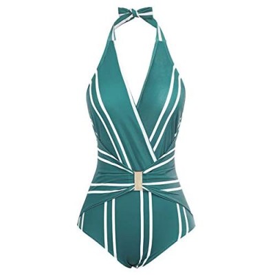 GRACE KARIN Women's Halter Swimwear V Neck Stripe One-Piece Swimsuit Monokini