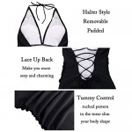 Holipick Halter Tummy Control One Piece Swimsuits for Women Lace Up Ruched Deep V Neck Bathing Suits Swimwear