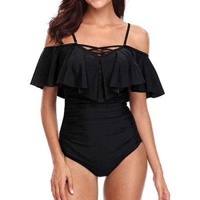 Holipick Off Shoulder One Piece Swimsuits for Women Tummy Control Ruched Bathing Suits Ruffled Flounce Swimsuits