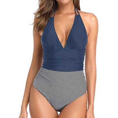 Holipick Tummy Control One Piece Swimsuits for Women Halter V Neck Ruched Backless Bathing Suits