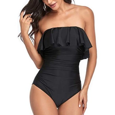 Smismivo Ruffle Strapless Swimsuits for Women Bandeau Ruched Vintage Bathing Suits One Piece Tummy Control Slimming Swimwear