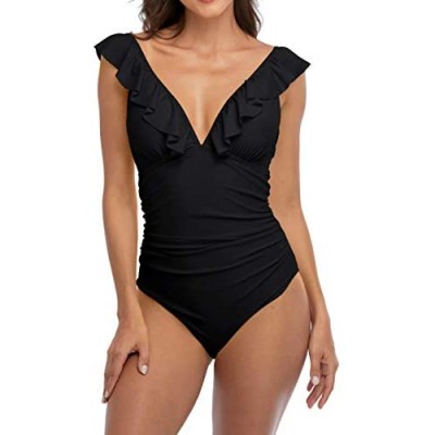 Sociala Ruffle One Piece Swimsuits for Women V Neck Ruched Monokini Bathing Suits
