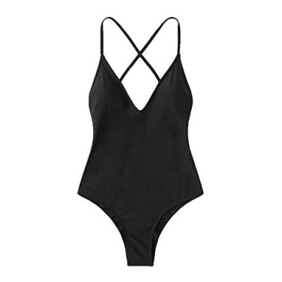 SOLY HUX Women's Plunge Neck Cross Back High Cut One Piece Bathing Suits Swimsuit