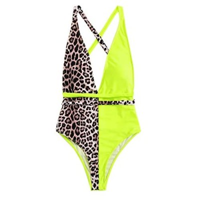 SweatyRocks Women's Sexy Bathing Suits Criss Cross Tie Knot Front Deep V Open Back Leopard One Piece Swimwear