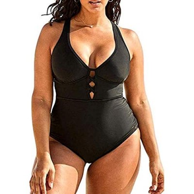 Women's Plus Size One Piece Swimsuits Bathing Suits for Women Sexy Halter Plunge Neck Swimsuit Lace Up Swimwear L-4XL